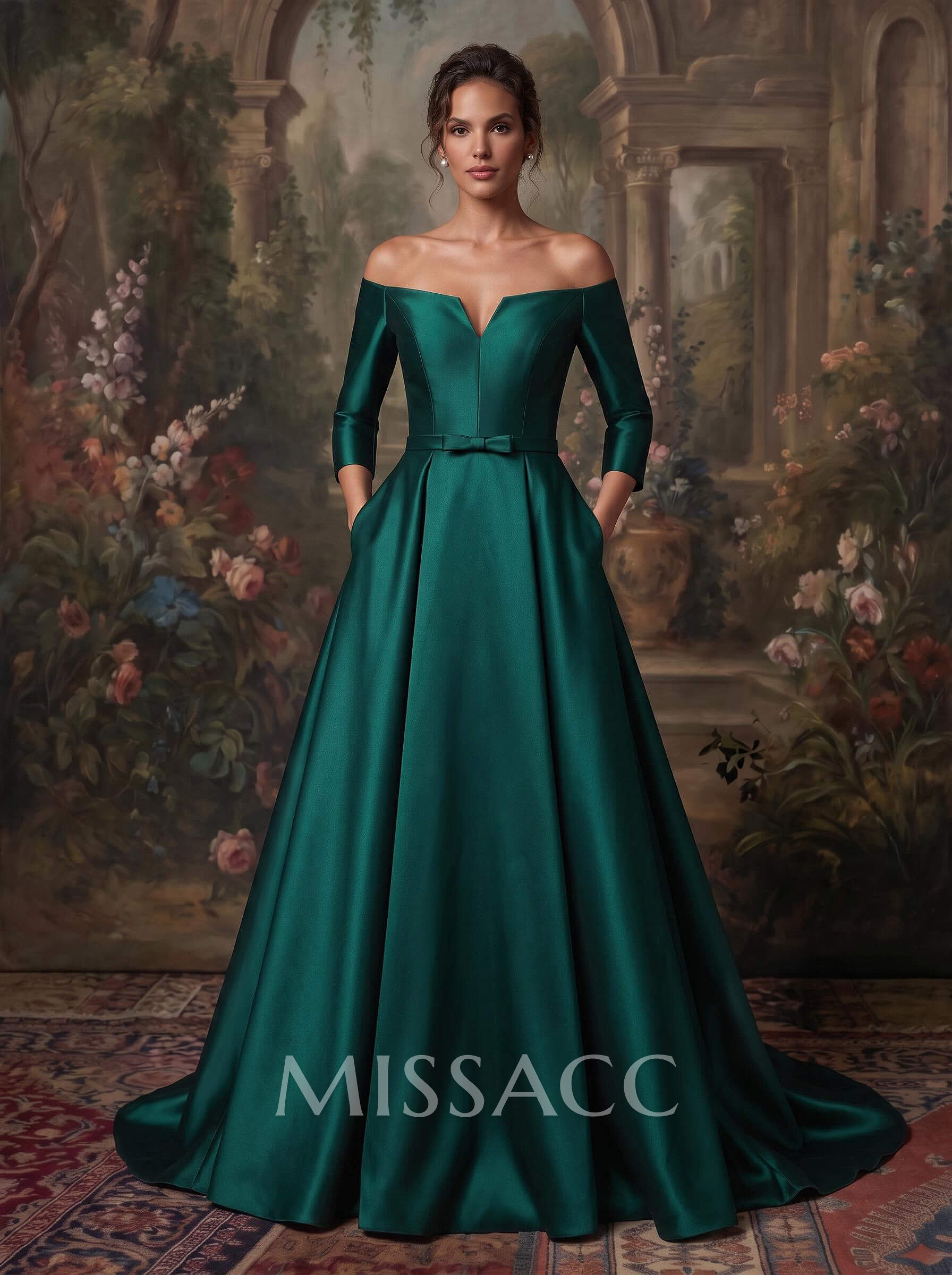 Elegant Off-The-Shoulder 3/4 Sleeves A-Line Sweep Train Satin Evening Dresses With Bow(s)
