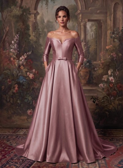 Elegant Off-The-Shoulder 3/4 Sleeves A-Line Sweep Train Satin Evening Dresses With Bow(s)
