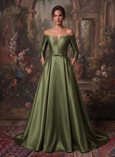 Elegant Off-The-Shoulder 3/4 Sleeves A-Line Sweep Train Satin Evening Dresses With Bow(s)