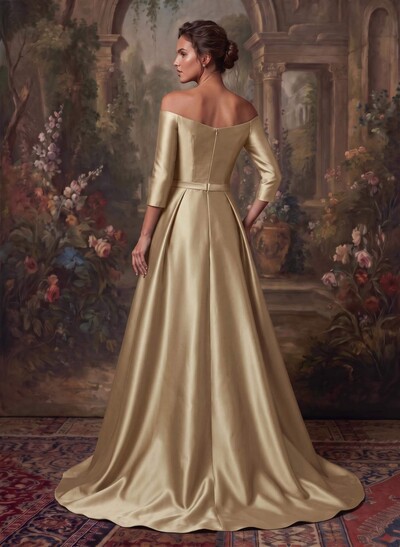 Elegant Off-The-Shoulder 3/4 Sleeves A-Line Sweep Train Satin Evening Dresses With Bow(s)
