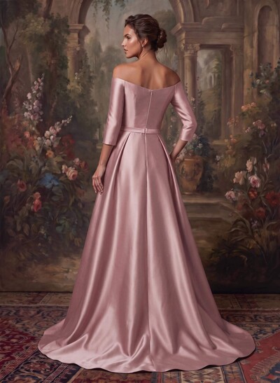 Elegant Off-The-Shoulder 3/4 Sleeves A-Line Sweep Train Satin Evening Dresses With Bow(s)