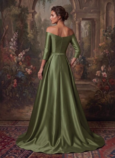 Elegant Off-The-Shoulder 3/4 Sleeves A-Line Sweep Train Satin Evening Dresses With Bow(s)