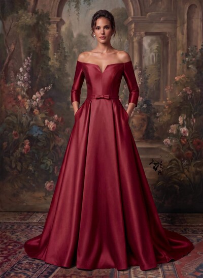 Elegant Off-The-Shoulder 3/4 Sleeves A-Line Sweep Train Satin Evening Dresses With Bow(s)
