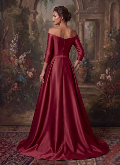 Elegant Off-The-Shoulder 3/4 Sleeves A-Line Sweep Train Satin Evening Dresses With Bow(s)