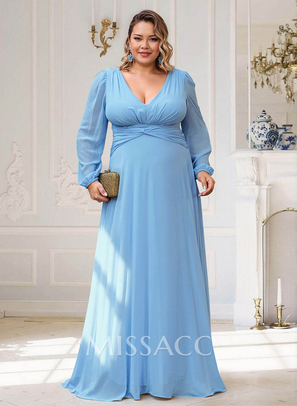 Elegant V-Neck Long Sleeves A-Line Floor-Length Chiffon Evening Dresses