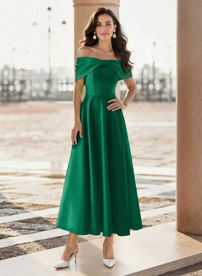 Elegant Off-The-Shoulder Sleeveless A-Line Ankle-Length Satin Evening Dresses With Bow(s)
