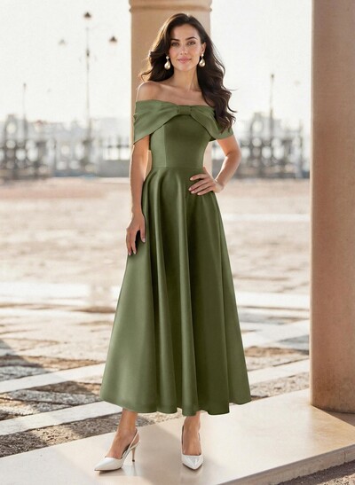 Elegant Off-The-Shoulder Sleeveless A-Line Ankle-Length Satin Evening Dresses With Bow(s)