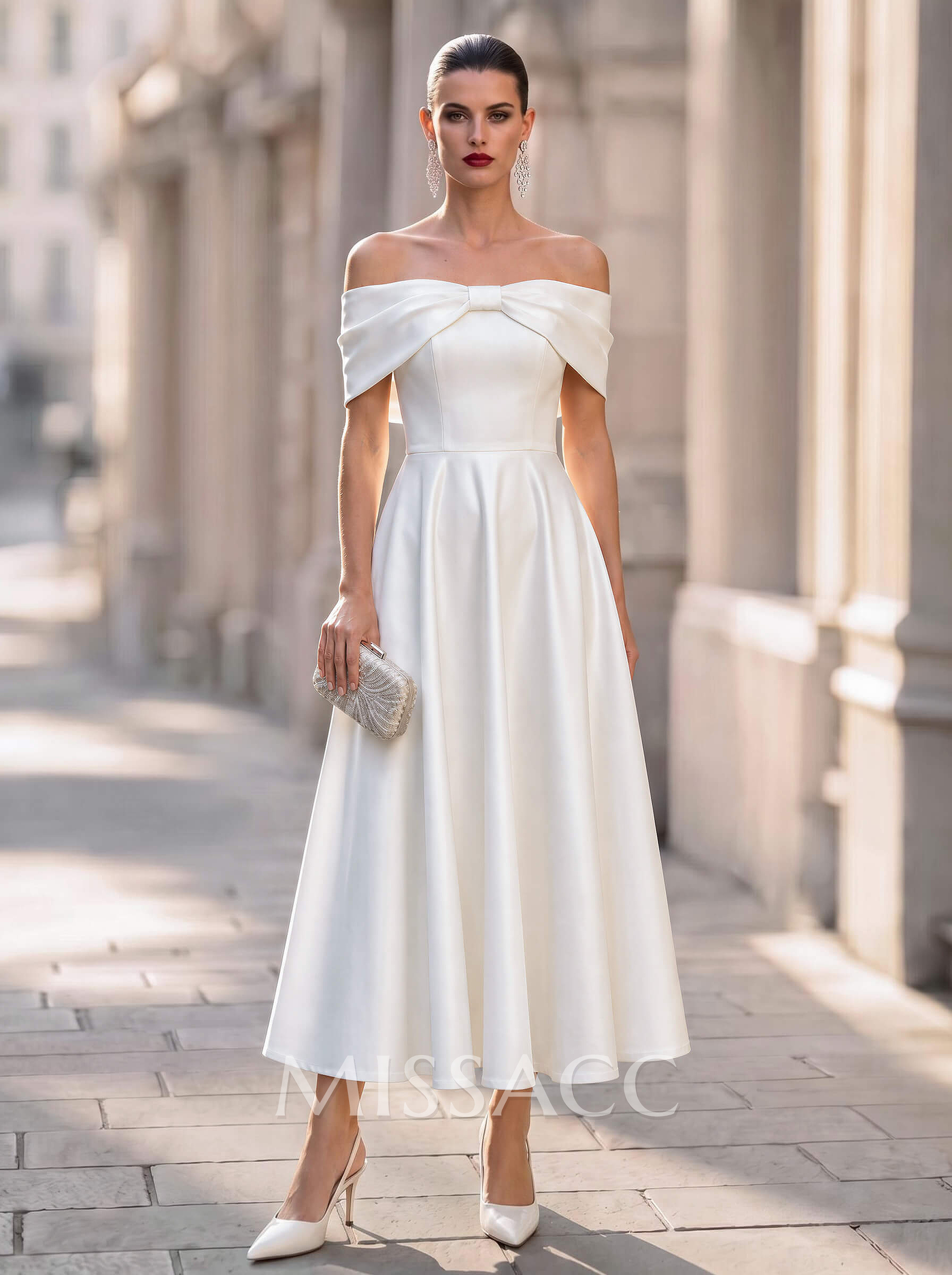 Elegant Off-The-Shoulder Sleeveless A-Line Ankle-Length Satin Evening Dresses With Bow(s)