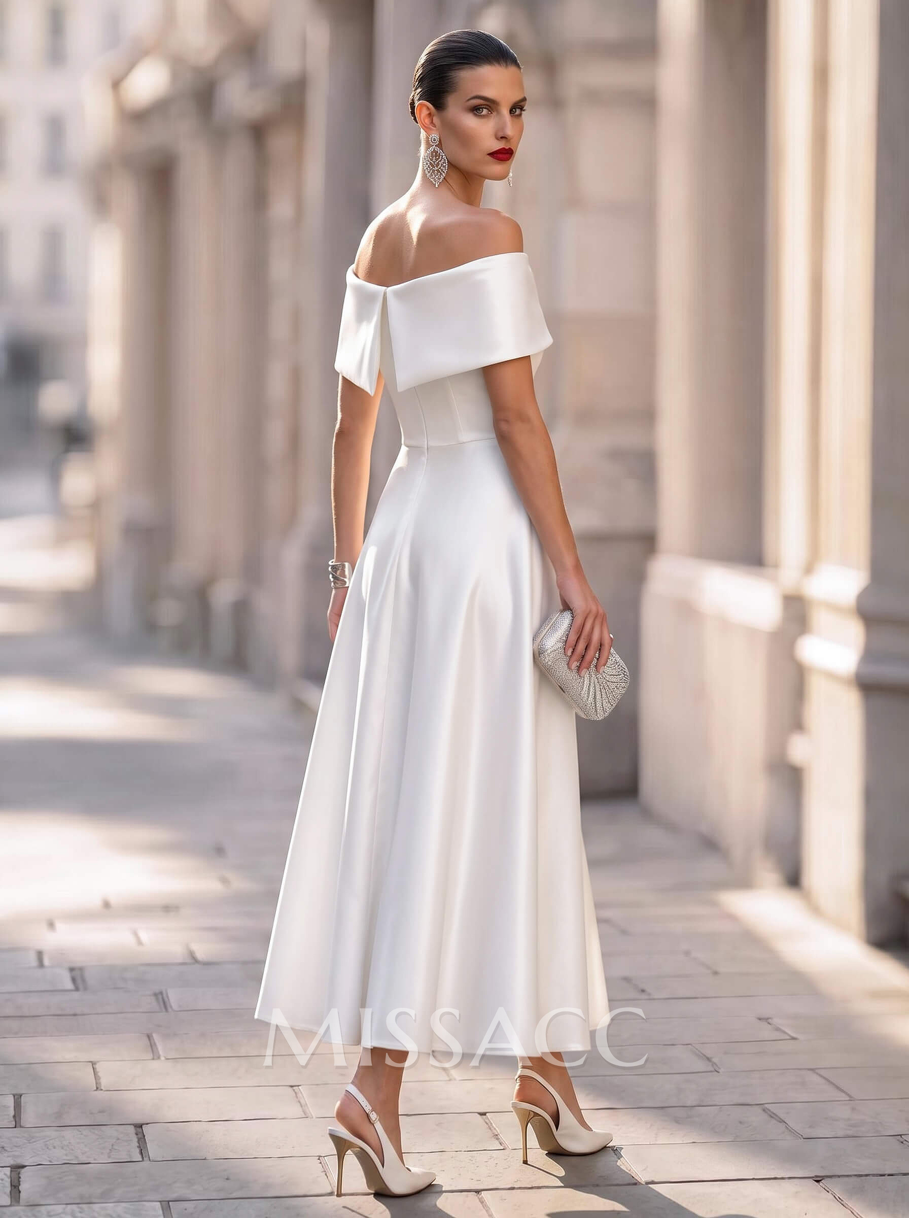 Elegant Off-The-Shoulder Sleeveless A-Line Ankle-Length Satin Evening Dresses With Bow(s)