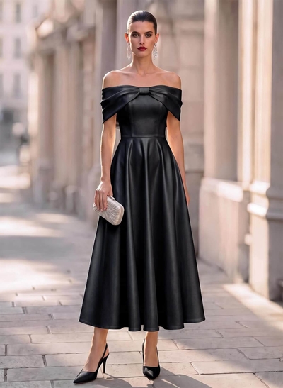 Elegant Off-The-Shoulder Sleeveless A-Line Ankle-Length Satin Evening Dresses With Bow(s)