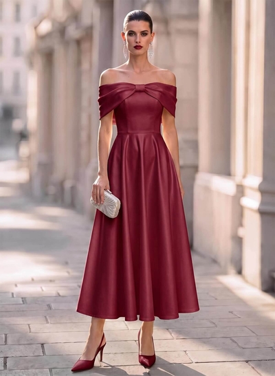 Elegant Off-The-Shoulder Sleeveless A-Line Ankle-Length Satin Evening Dresses With Bow(s)