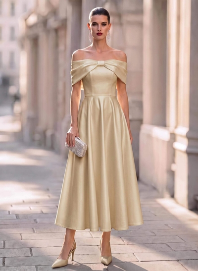 Elegant Off-The-Shoulder Sleeveless A-Line Ankle-Length Satin Evening Dresses With Bow(s)
