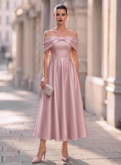 Elegant Off-The-Shoulder Sleeveless A-Line Ankle-Length Satin Evening Dresses With Bow(s)