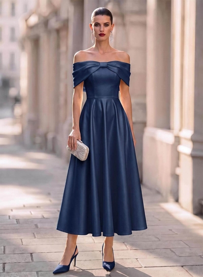 Elegant Off-The-Shoulder Sleeveless A-Line Ankle-Length Satin Evening Dresses With Bow(s)