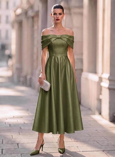 Elegant Off-The-Shoulder Sleeveless A-Line Ankle-Length Satin Evening Dresses With Bow(s)