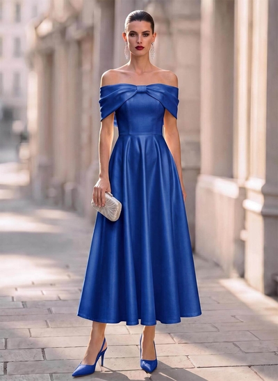 Elegant Off-The-Shoulder Sleeveless A-Line Ankle-Length Satin Evening Dresses With Bow(s)