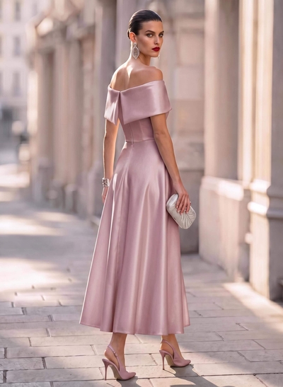 Elegant Off-The-Shoulder Sleeveless A-Line Ankle-Length Satin Evening Dresses With Bow(s)