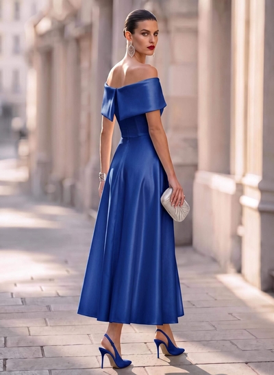 Elegant Off-The-Shoulder Sleeveless A-Line Ankle-Length Satin Evening Dresses With Bow(s)