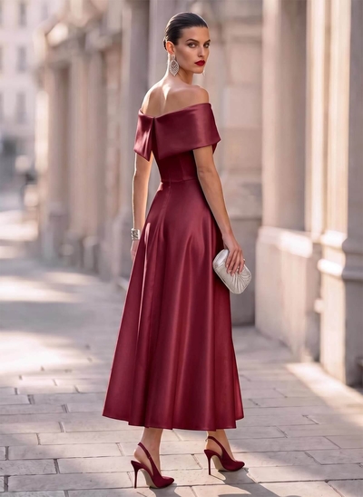 Elegant Off-The-Shoulder Sleeveless A-Line Ankle-Length Satin Evening Dresses With Bow(s)