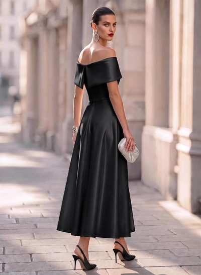 Elegant Off-The-Shoulder Sleeveless A-Line Ankle-Length Satin Evening Dresses With Bow(s)
