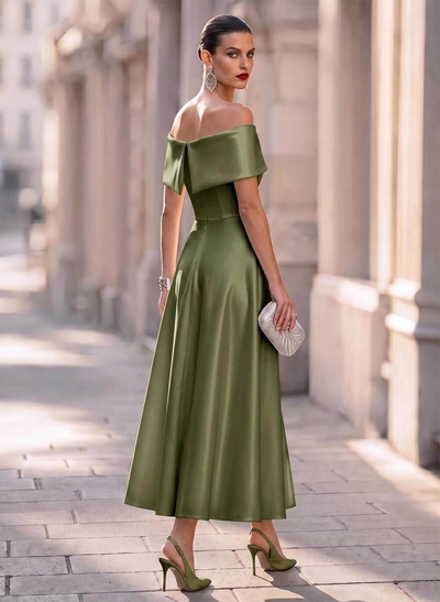 Elegant Off-The-Shoulder Sleeveless A-Line Ankle-Length Satin Evening Dresses With Bow(s)