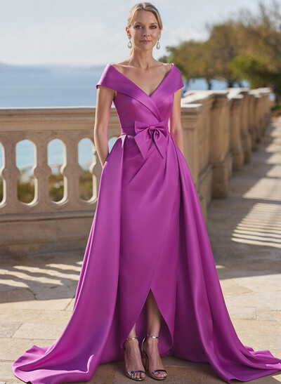 Elegant Off-The-Shoulder Sleeveless Detachable Satin Evening Dresses With Bow(s)
