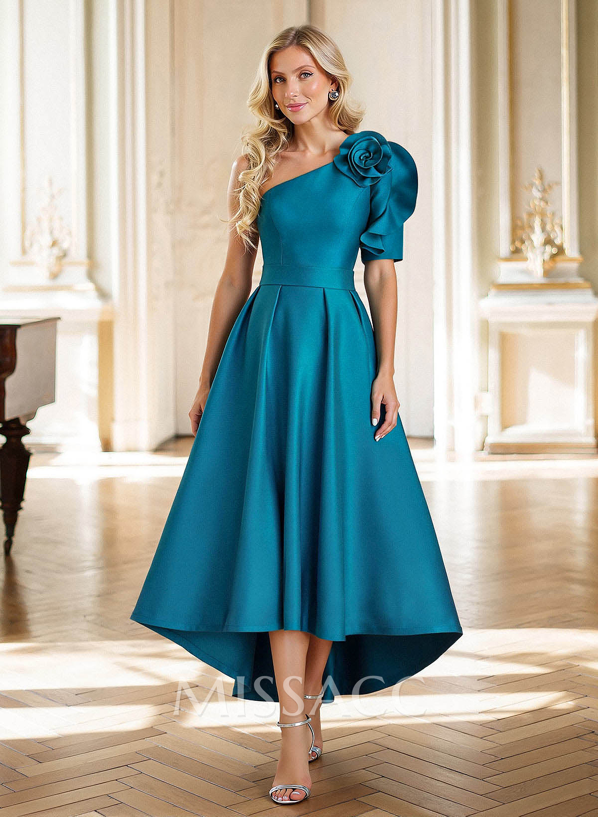 A-Line One-Shoulder Tea-Length Satin Evening Dresses With Flower(s)