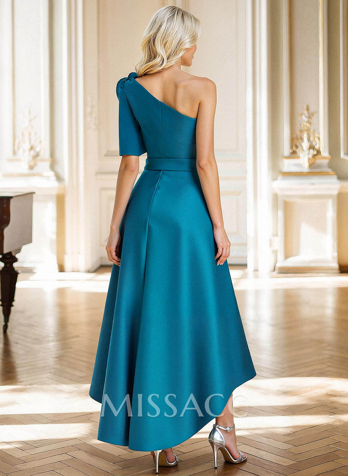 A-Line One-Shoulder Tea-Length Satin Evening Dresses With Flower(s)
