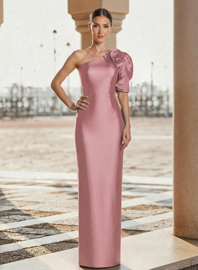 Sheath/Column One-Shoulder Floor-Length Evening Dresses With Flower(s)