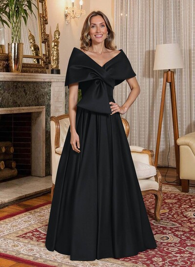 Elegant Off-The-Shoulder Sleeveless A-Line Floor-Length Satin Evening Dresses With Bow(s)