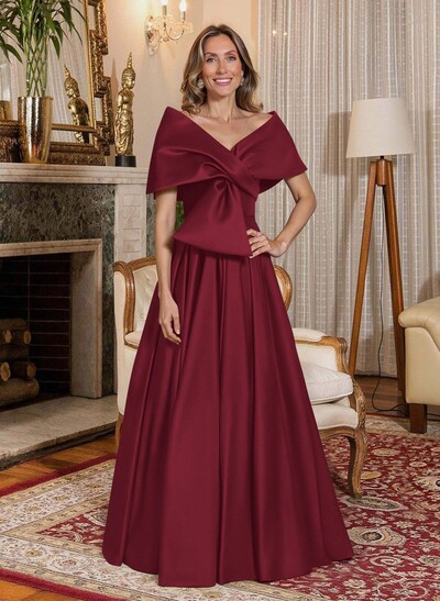 Elegant Off-The-Shoulder Sleeveless A-Line Floor-Length Satin Evening Dresses With Bow(s)