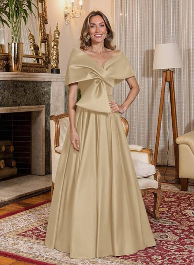 Elegant Off-The-Shoulder Sleeveless A-Line Floor-Length Satin Evening Dresses With Bow(s)
