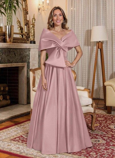Elegant Off-The-Shoulder Sleeveless A-Line Floor-Length Satin Evening Dresses With Bow(s)