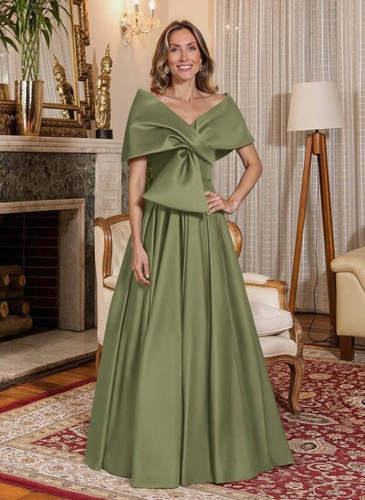 Elegant Off-The-Shoulder Sleeveless A-Line Floor-Length Satin Evening Dresses With Bow(s)