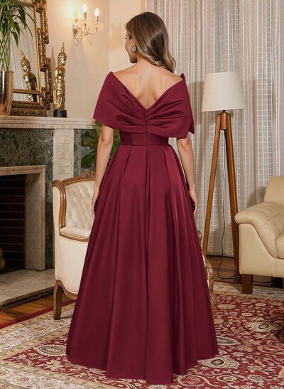 Elegant Off-The-Shoulder Sleeveless A-Line Floor-Length Satin Evening Dresses With Bow(s)
