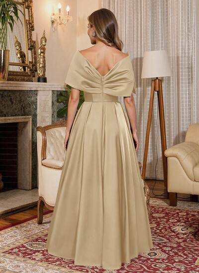 Elegant Off-The-Shoulder Sleeveless A-Line Floor-Length Satin Evening Dresses With Bow(s)
