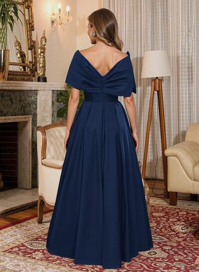 Elegant Off-The-Shoulder Sleeveless A-Line Floor-Length Satin Evening Dresses With Bow(s)