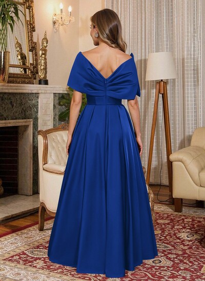 Elegant Off-The-Shoulder Sleeveless A-Line Floor-Length Satin Evening Dresses With Bow(s)