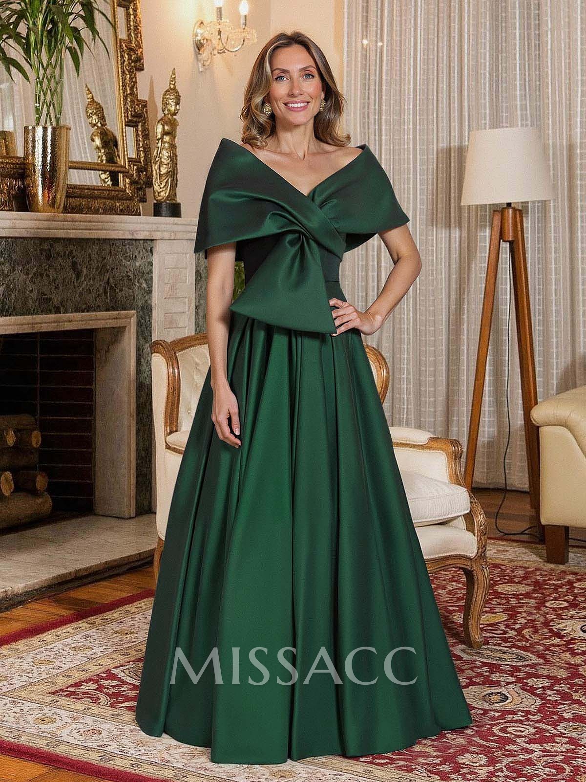 Elegant Off-The-Shoulder Sleeveless A-Line Floor-Length Satin Evening Dresses With Bow(s)