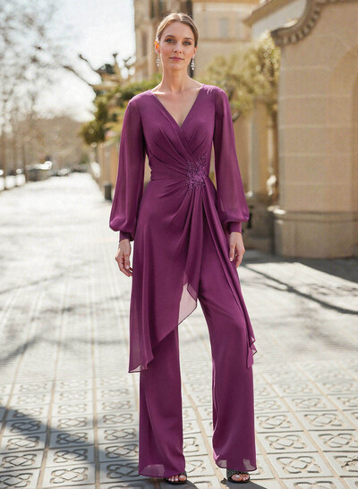 Jumpsuit/Pantsuit V-Neck Long Sleeves Floor-Length Chiffon Evening Dresses With Appliques Lace