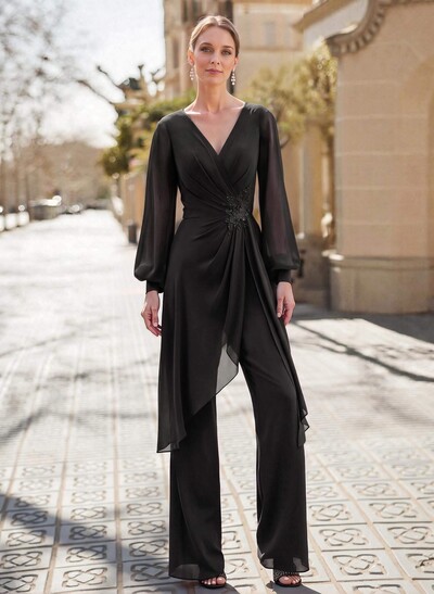 Jumpsuit/Pantsuit V-Neck Long Sleeves Floor-Length Chiffon Evening Dresses With Appliques Lace