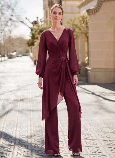 Jumpsuit/Pantsuit V-Neck Long Sleeves Floor-Length Chiffon Evening Dresses With Appliques Lace