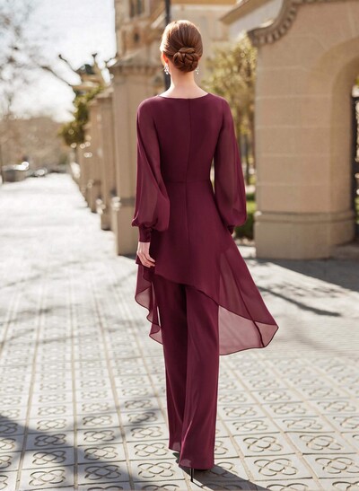 Jumpsuit/Pantsuit V-Neck Long Sleeves Floor-Length Chiffon Evening Dresses With Appliques Lace
