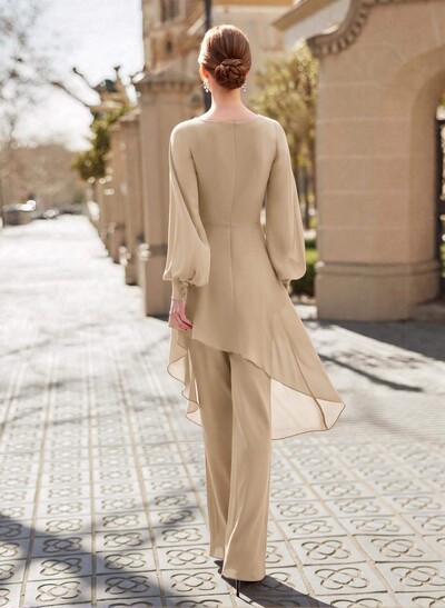 Jumpsuit/Pantsuit V-Neck Long Sleeves Floor-Length Chiffon Evening Dresses With Appliques Lace