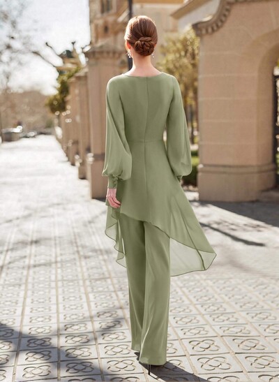 Jumpsuit/Pantsuit V-Neck Long Sleeves Floor-Length Chiffon Evening Dresses With Appliques Lace