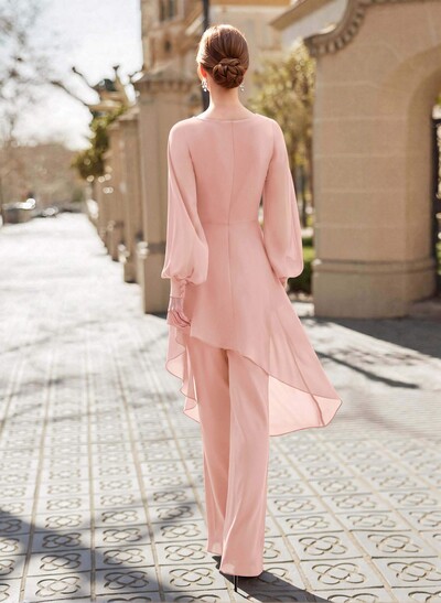 Jumpsuit/Pantsuit V-Neck Long Sleeves Floor-Length Chiffon Evening Dresses With Appliques Lace