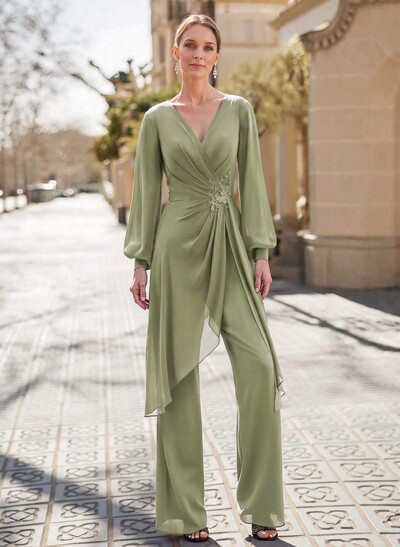 Jumpsuit/Pantsuit V-Neck Long Sleeves Floor-Length Chiffon Evening Dresses With Appliques Lace