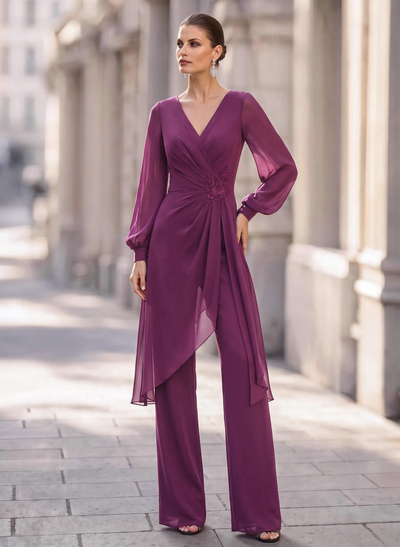 Jumpsuit/Pantsuit V-Neck Long Sleeves Floor-Length Chiffon Evening Dresses With Appliques Lace