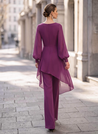 Jumpsuit/Pantsuit V-Neck Long Sleeves Floor-Length Chiffon Evening Dresses With Appliques Lace