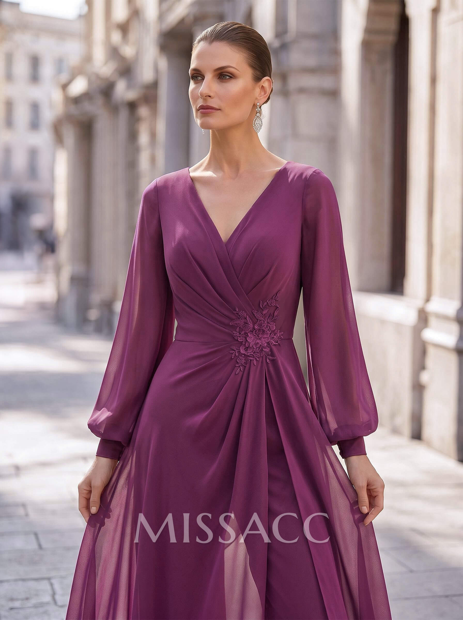 Jumpsuit/Pantsuit V-Neck Long Sleeves Floor-Length Chiffon Evening Dresses With Appliques Lace Jumpsuit/Pantsuit V-Neck Long Sleeves Floor-Length Chiffon Evening Dresses With Appliques Lace
